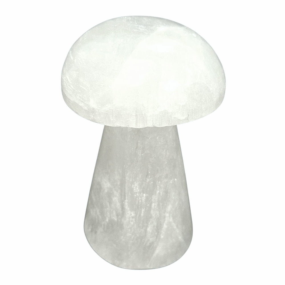 selenite mushroom with smooth white finish – used for grounding energy, spiritual clarity, and crystal décor