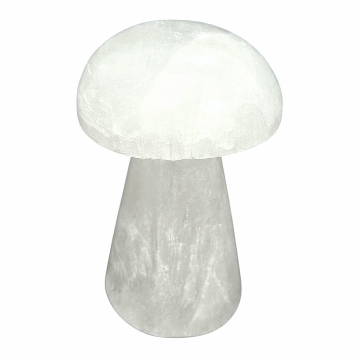 selenite mushroom with smooth white finish – used for grounding energy, spiritual clarity, and crystal décor