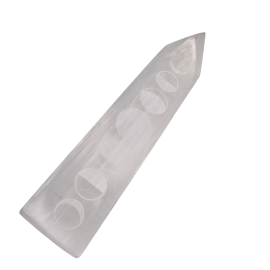 Selenite Moon Phase Blade – Engraved Polished Wand shown on white background.