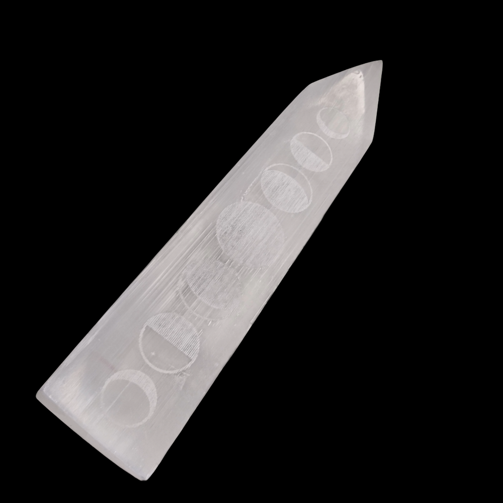 Selenite Moon Phase Blade – Engraved Polished Wand shown on black background.