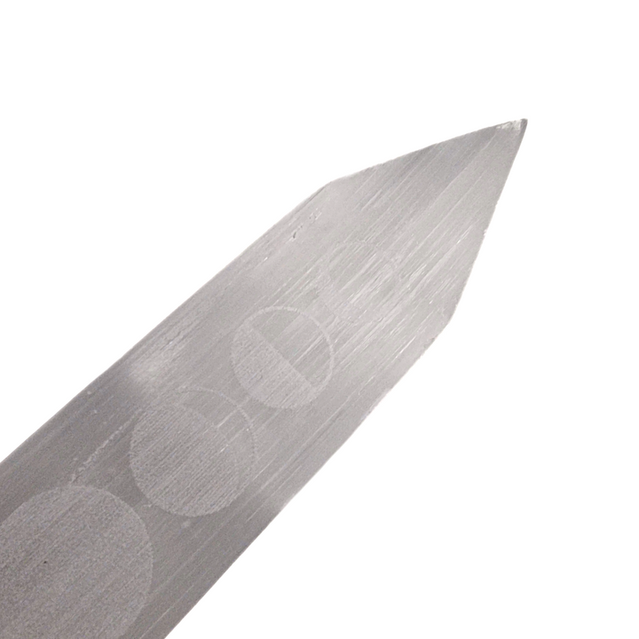 Tip view of Selenite Moon Phase Blade – Engraved Polished Wand.