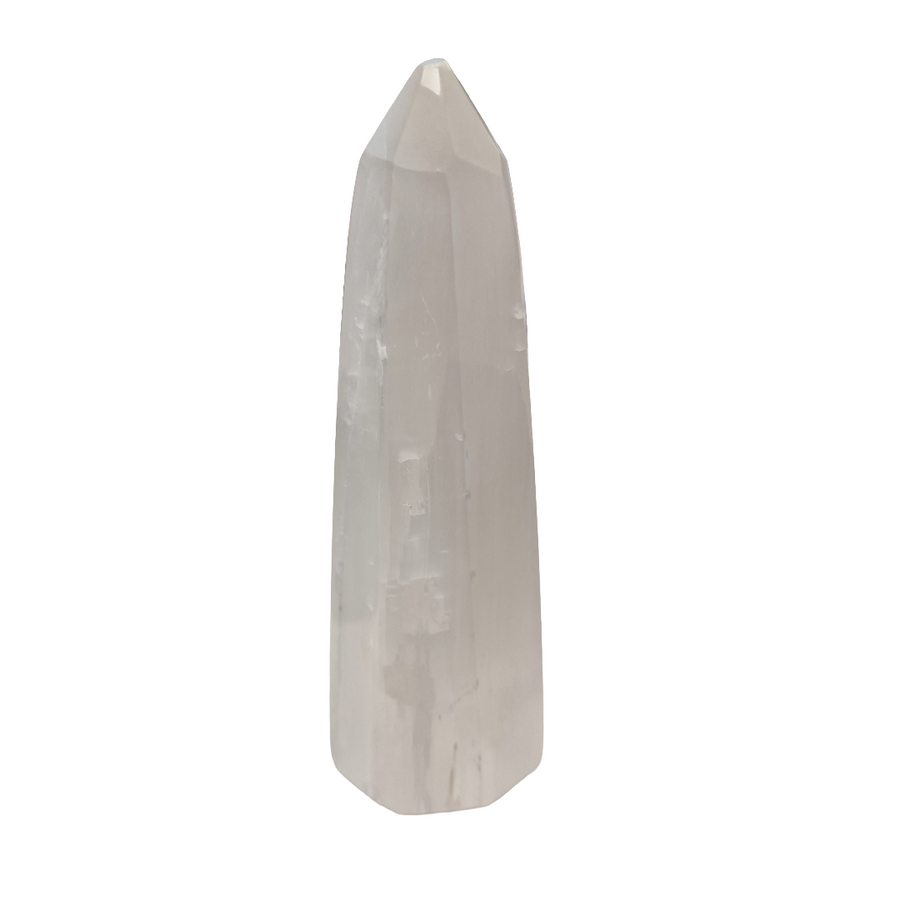 Selenite 8-Sided Obelisk 18cm shown on white background.
