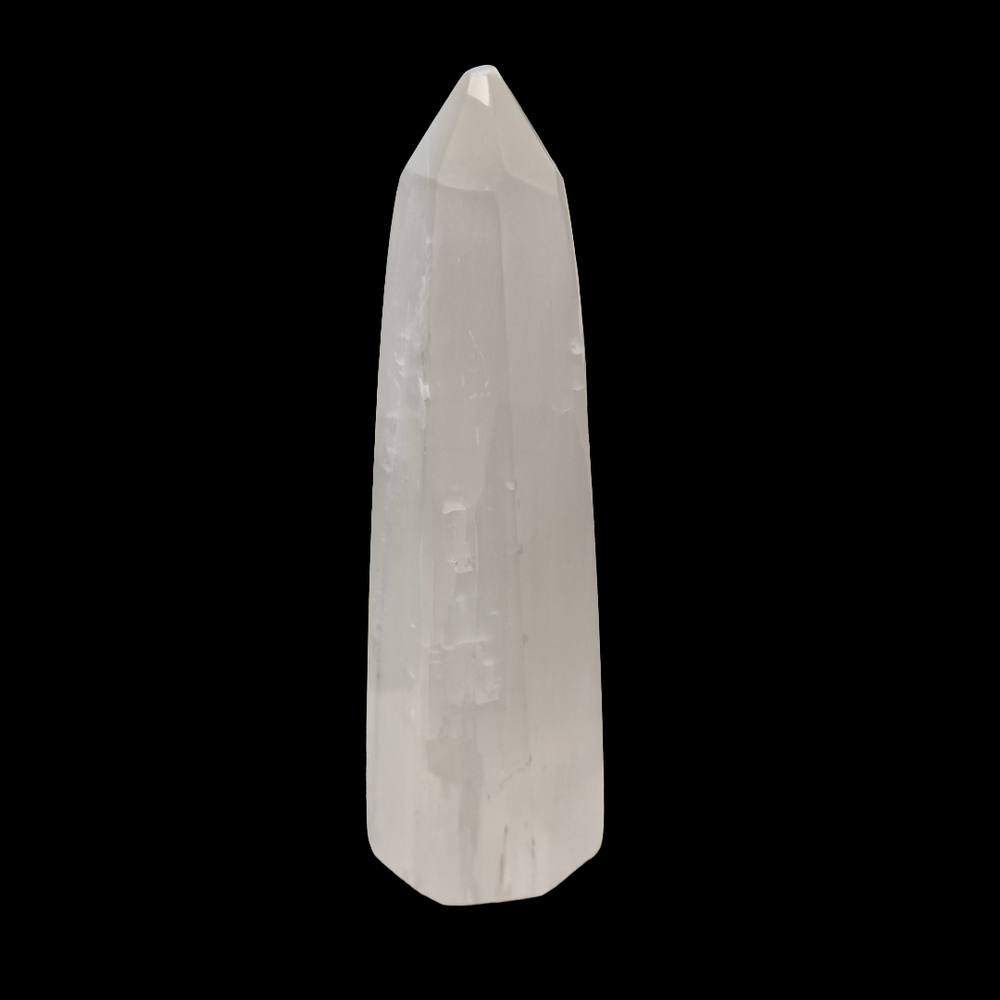 Selenite 8-Sided Obelisk 18cm shown on black background.
