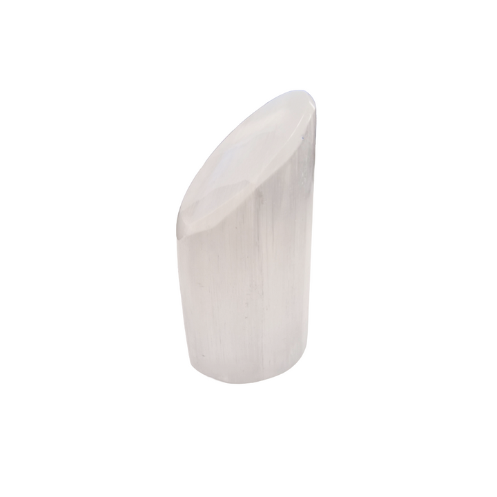 Selenite Lipstick Tower 6 cm natural finish shown on white background.