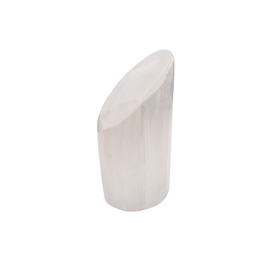 Selenite Lipstick Tower 6 cm natural finish shown on white background.