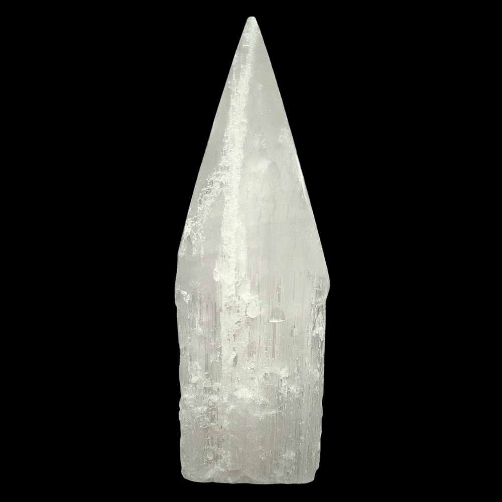 Selenite Tower 12cm polished tip with raw sides shown on black background.