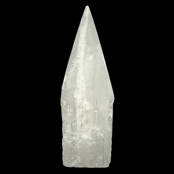 Selenite Tower 12cm polished tip with raw sides shown on black background.