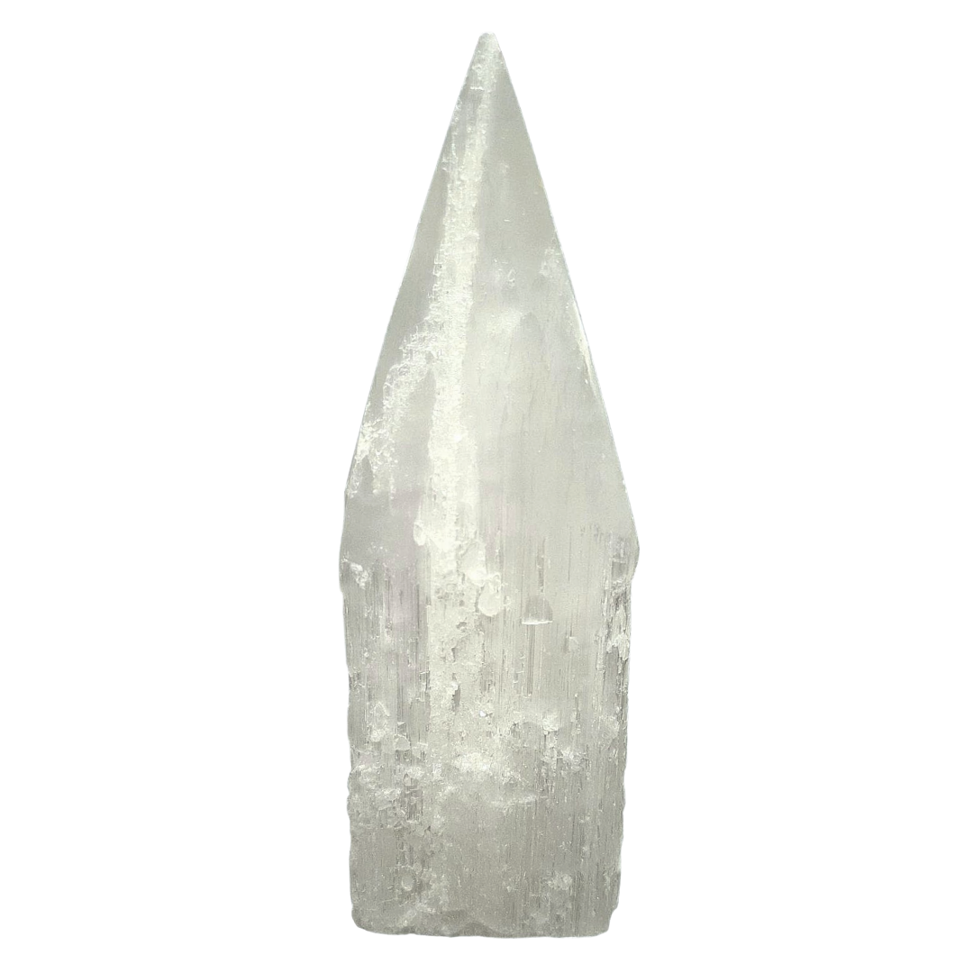 Selenite Tower 12cm polished tip with raw sides shown on white background.