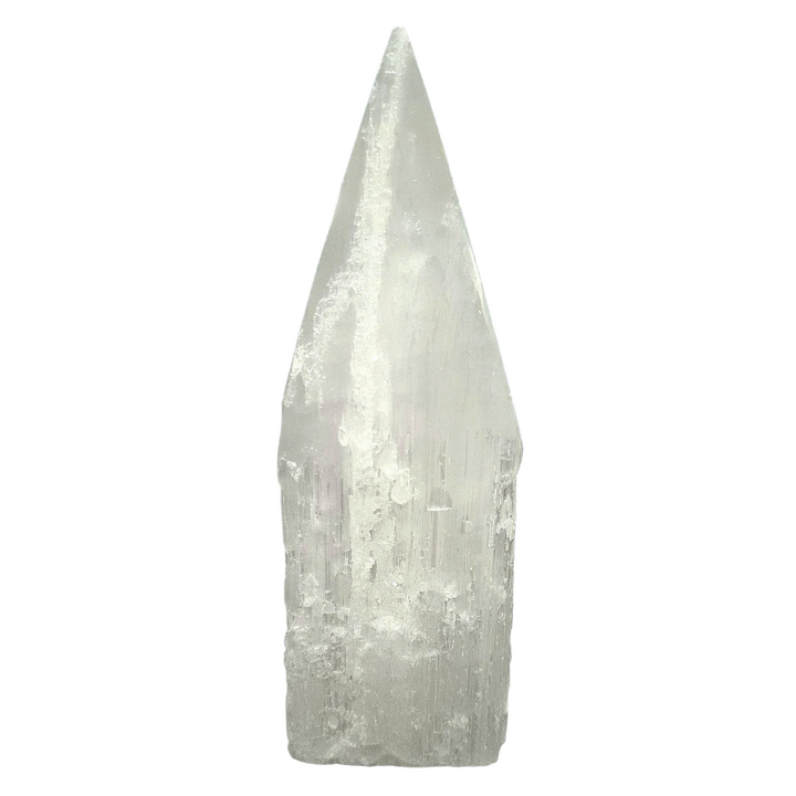 Selenite Tower 12cm polished tip with raw sides shown on white background.