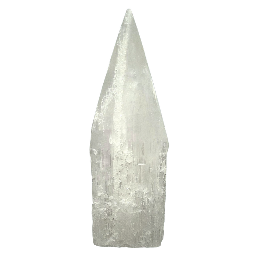 Selenite Tower 12cm polished tip with raw sides shown on white background.