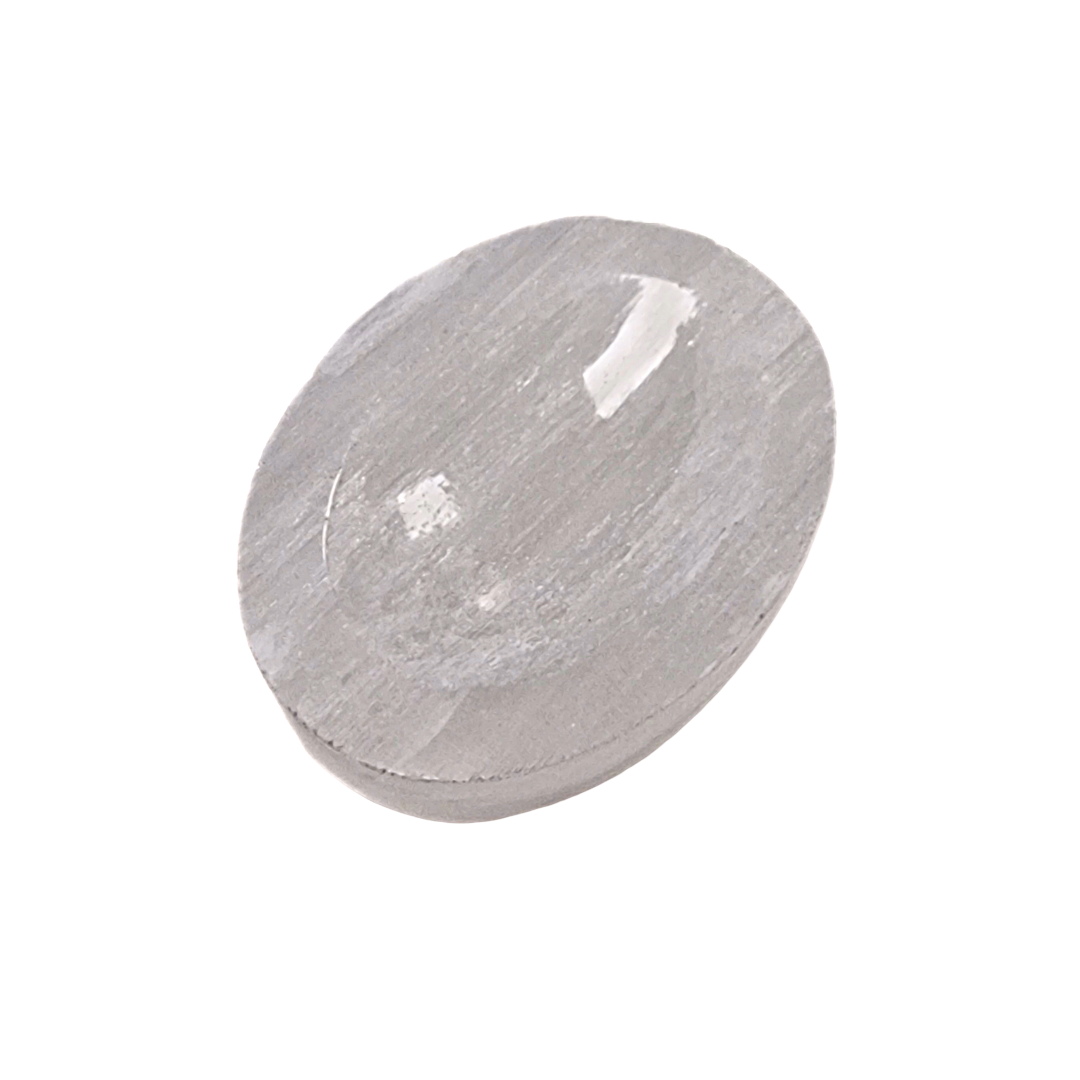 Selenite Worry Stone crystal shown on white background.