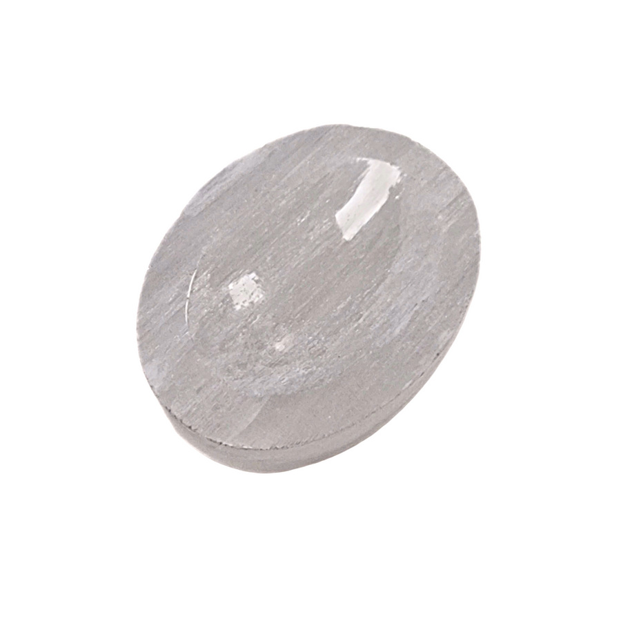Selenite Worry Stone crystal shown on white background.