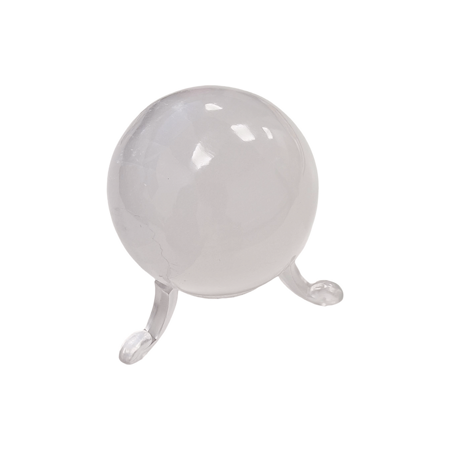 Selenite Sphere 40mm shown on white background on clear three leg stand (not included)
