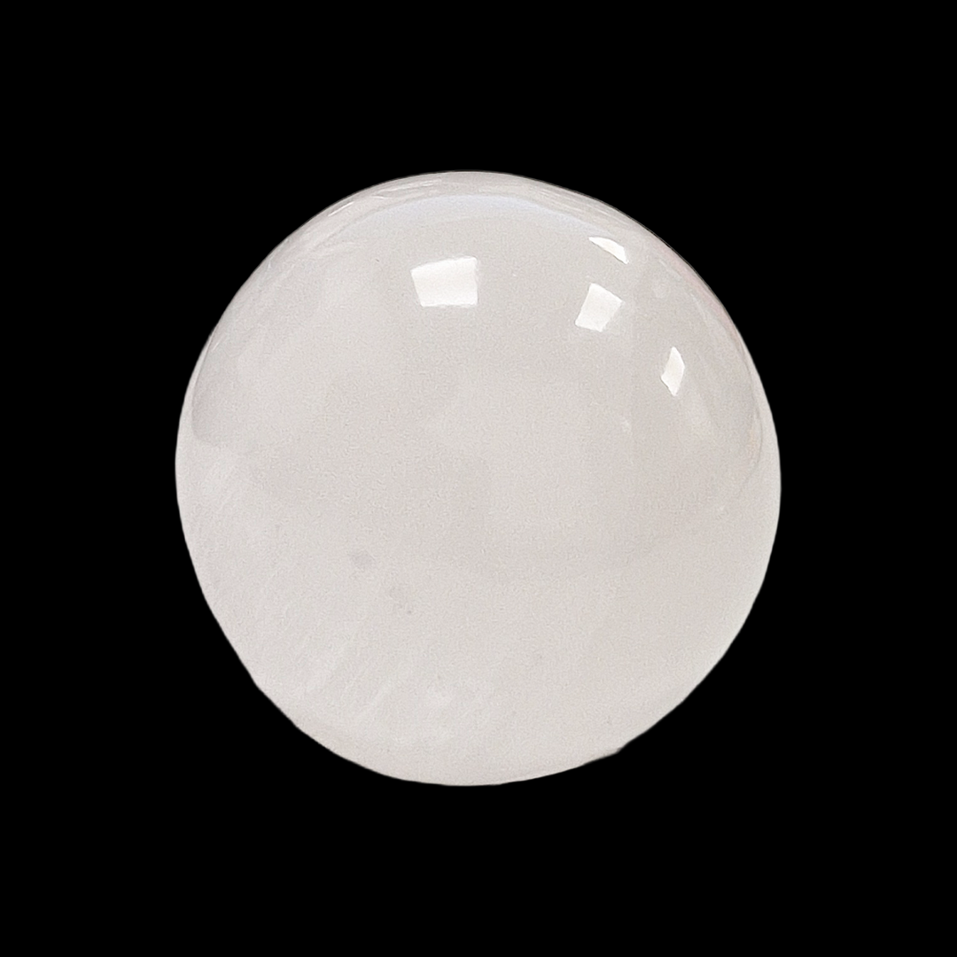 Selenite Sphere 40mm shown on black background.