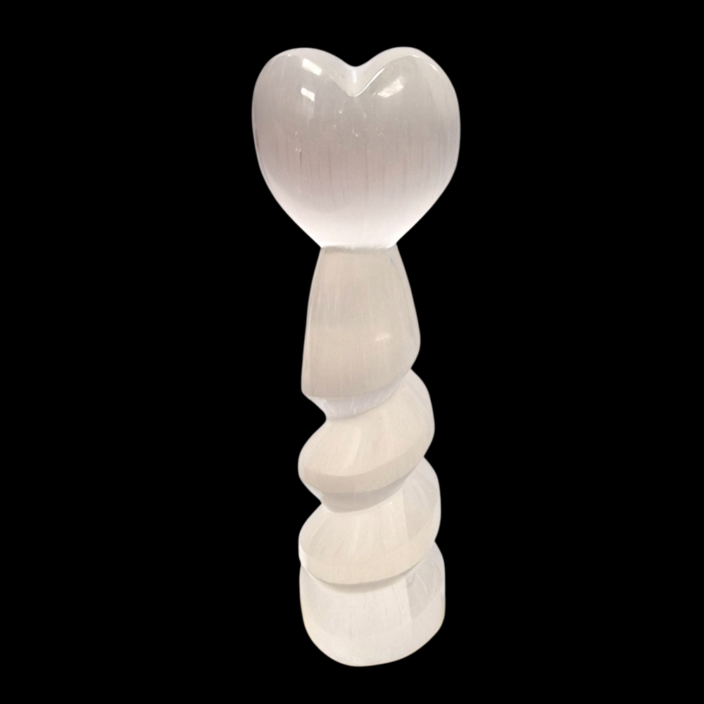 Selenite Spiral Heart Tower 15 cm shown on black background.