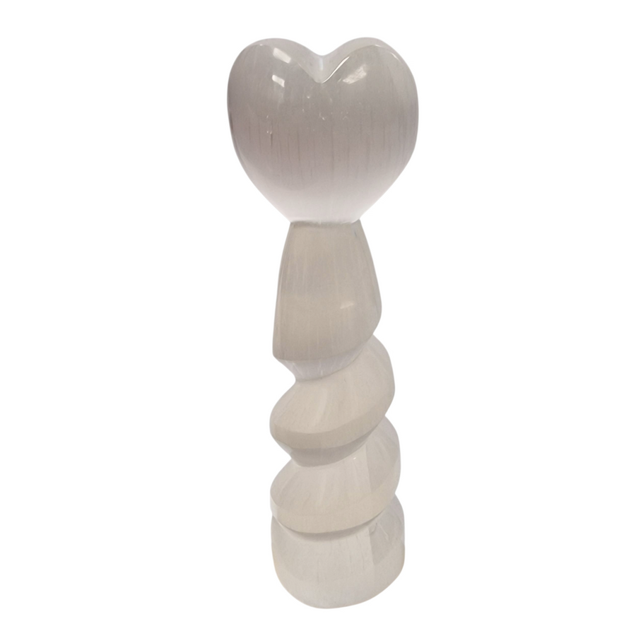Selenite Spiral Heart Tower 15 cm shown on white background.