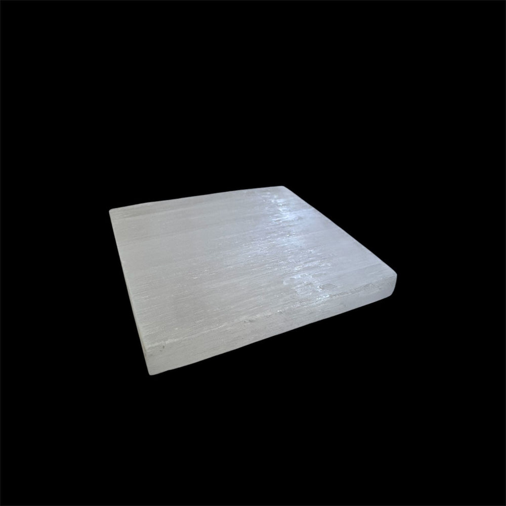 GeoFossils Square Selenite Charging Disc, polished translucent white crystal plate ideal for cleansing and energising crystals and jewellery.