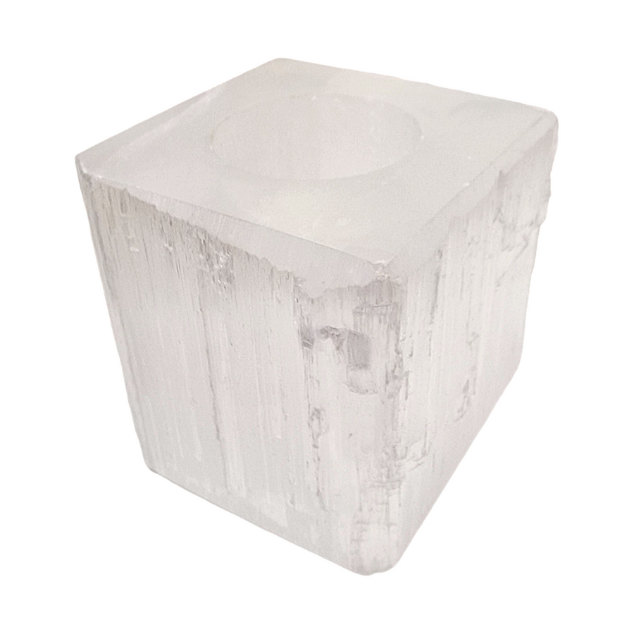 Selenite Square Tea Light Holder with polished top and base, raw sides, shown on white background.