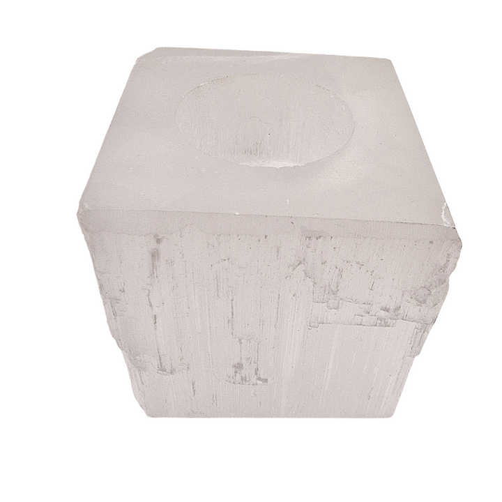 Back view of Selenite Square Tea Light Holder with polished top and base, raw sides.