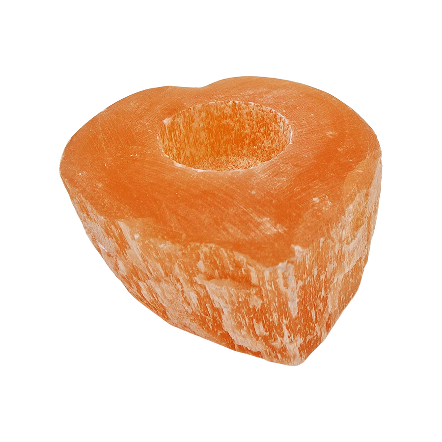 Peach Selenite Heart Tea Light Holder shown on white background.