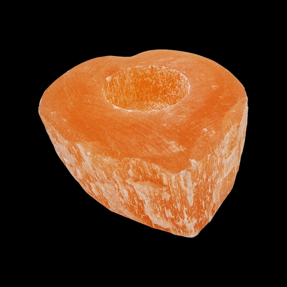 Peach Selenite Heart Tea Light Holder shown on black background.