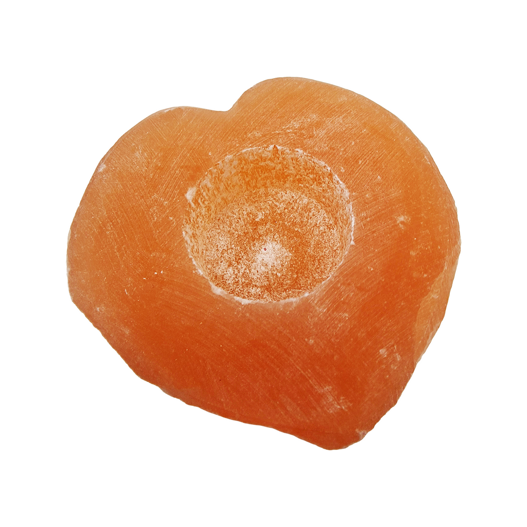 Top view of Peach Selenite Heart Tea Light Holder.