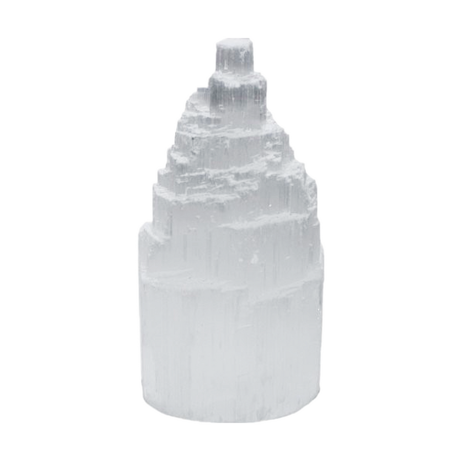 Selenite Tower 10 cm shown on white background.