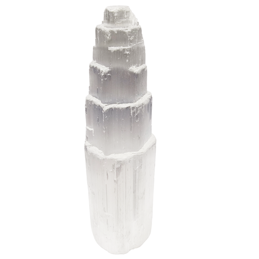 Selenite Tower 15 cm ultra white iceberg finish shown on white background.