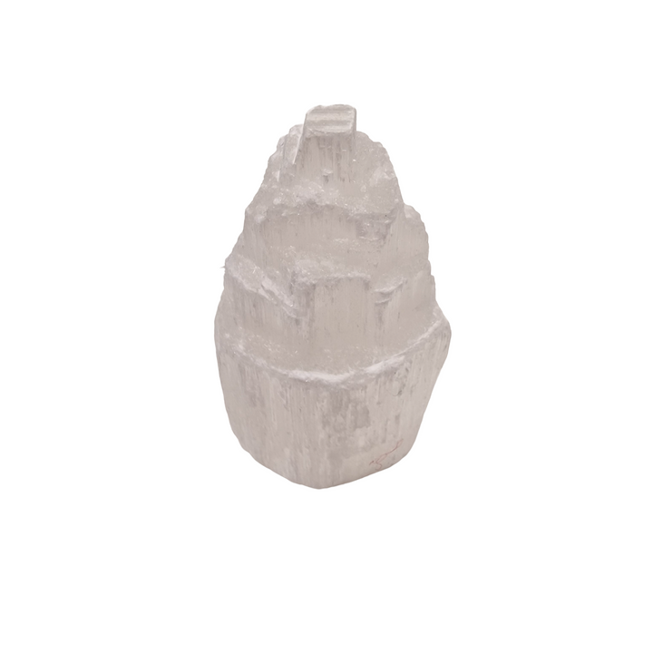 Selenite Tower 5cm raw iceberg mountain effect shown on white background.