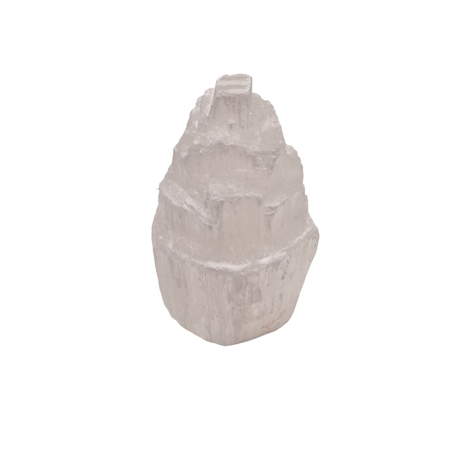 Selenite Tower 5cm raw iceberg mountain effect shown on white background.