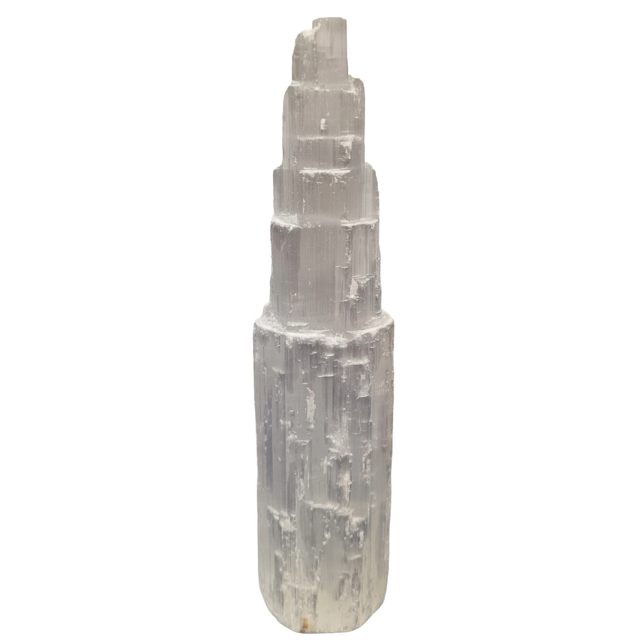 Selenite Tower 20 cm shown on white background.