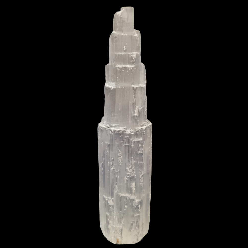 Selenite Tower 20 cm shown on black background.