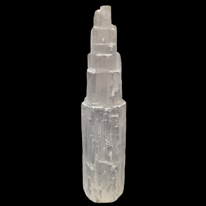 Selenite Tower 20 cm shown on black background.