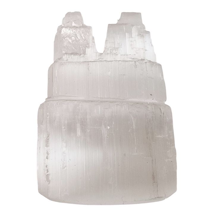 Back of Selenite Twin Peak Tower 10 cm Natural Finish.