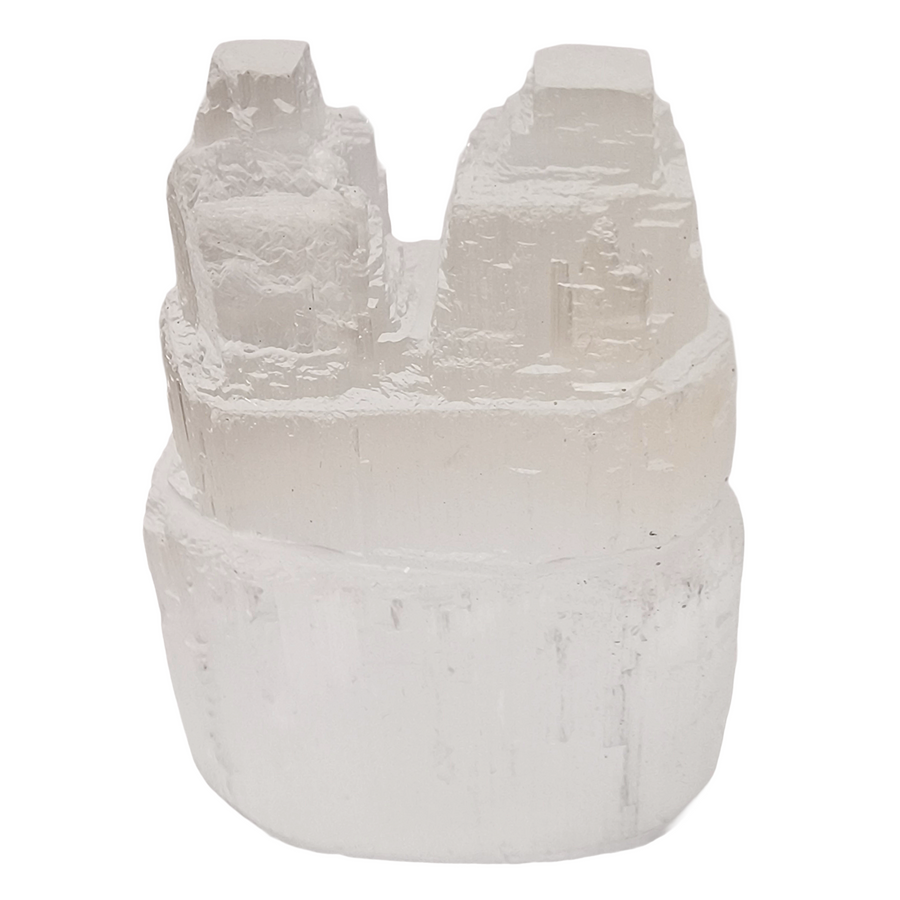 Selenite Twin Peak Tower 10 cm Natural Finish shown on white background.