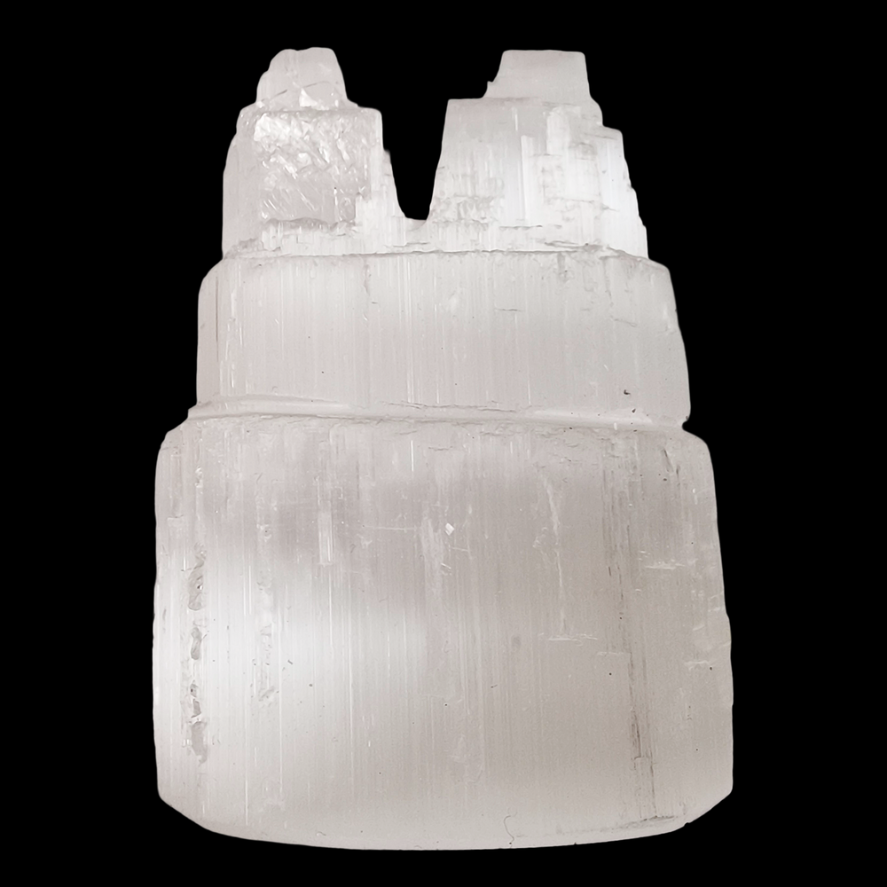 Selenite Twin Peak Tower 10 cm Natural Finish shown on black background.