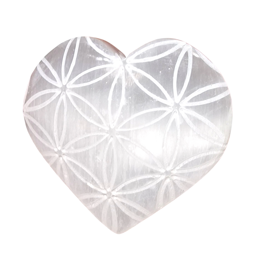 Selenite Flower of Life Engraved Heart 5 cm shown on white background.
