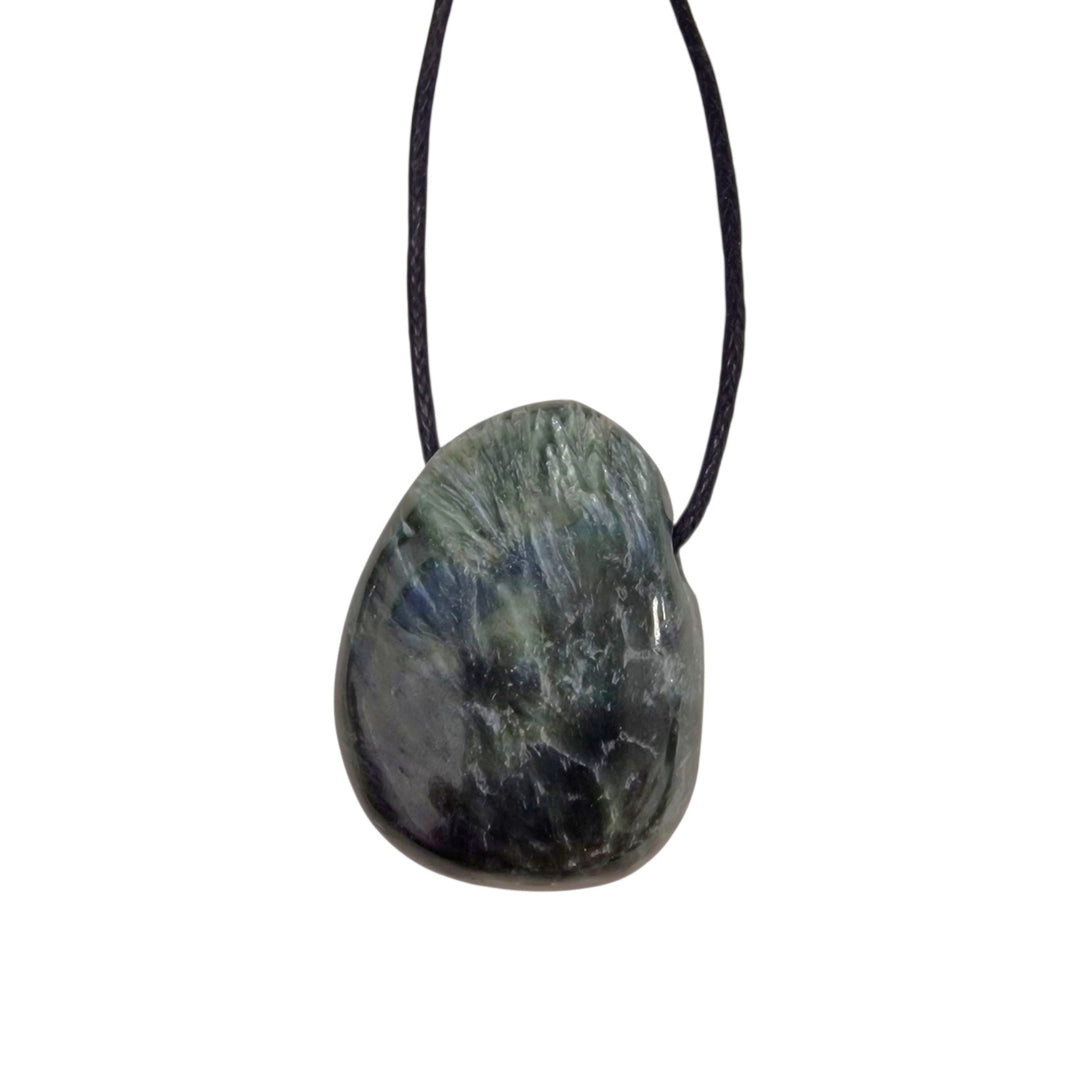 Seraphinite tumble stone pendant with deep forest green tones and feathery silver chatoyancy, displayed on a black cotton cord