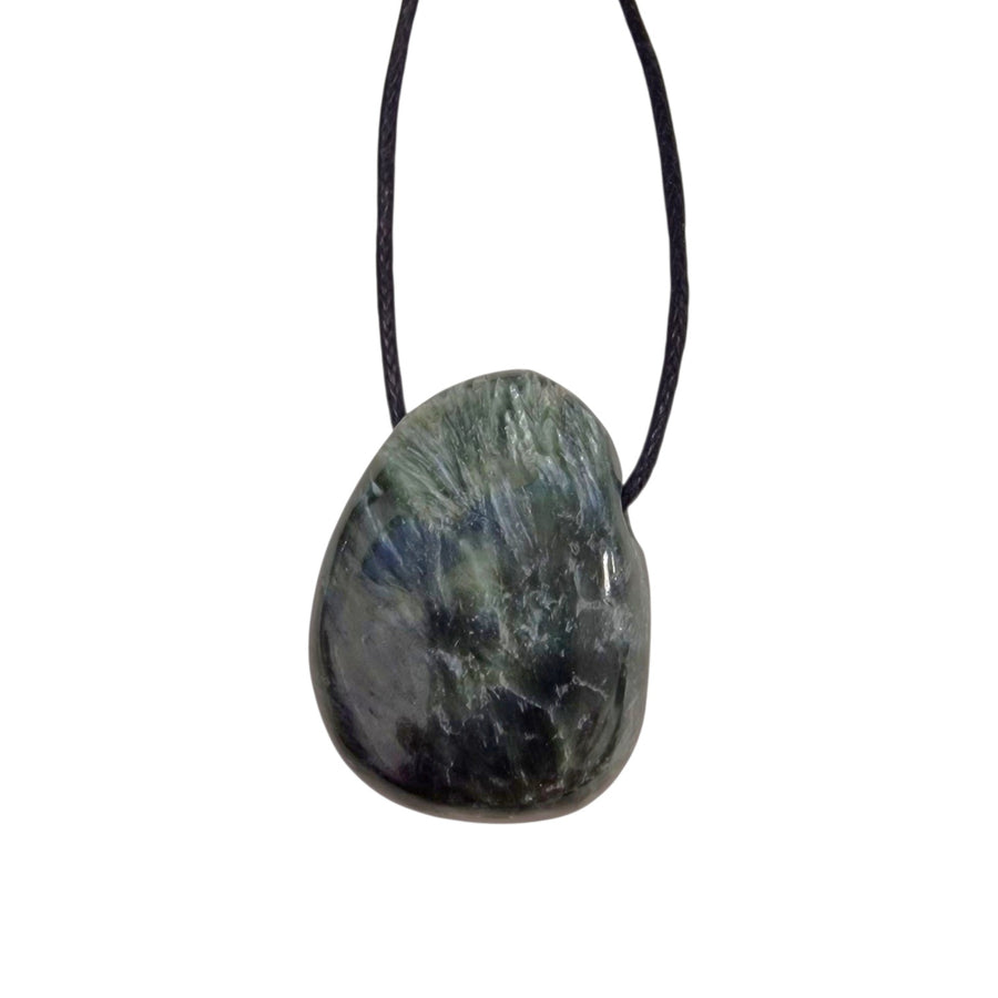 Seraphinite tumble stone pendant with deep forest green tones and feathery silver chatoyancy, displayed on a black cotton cord