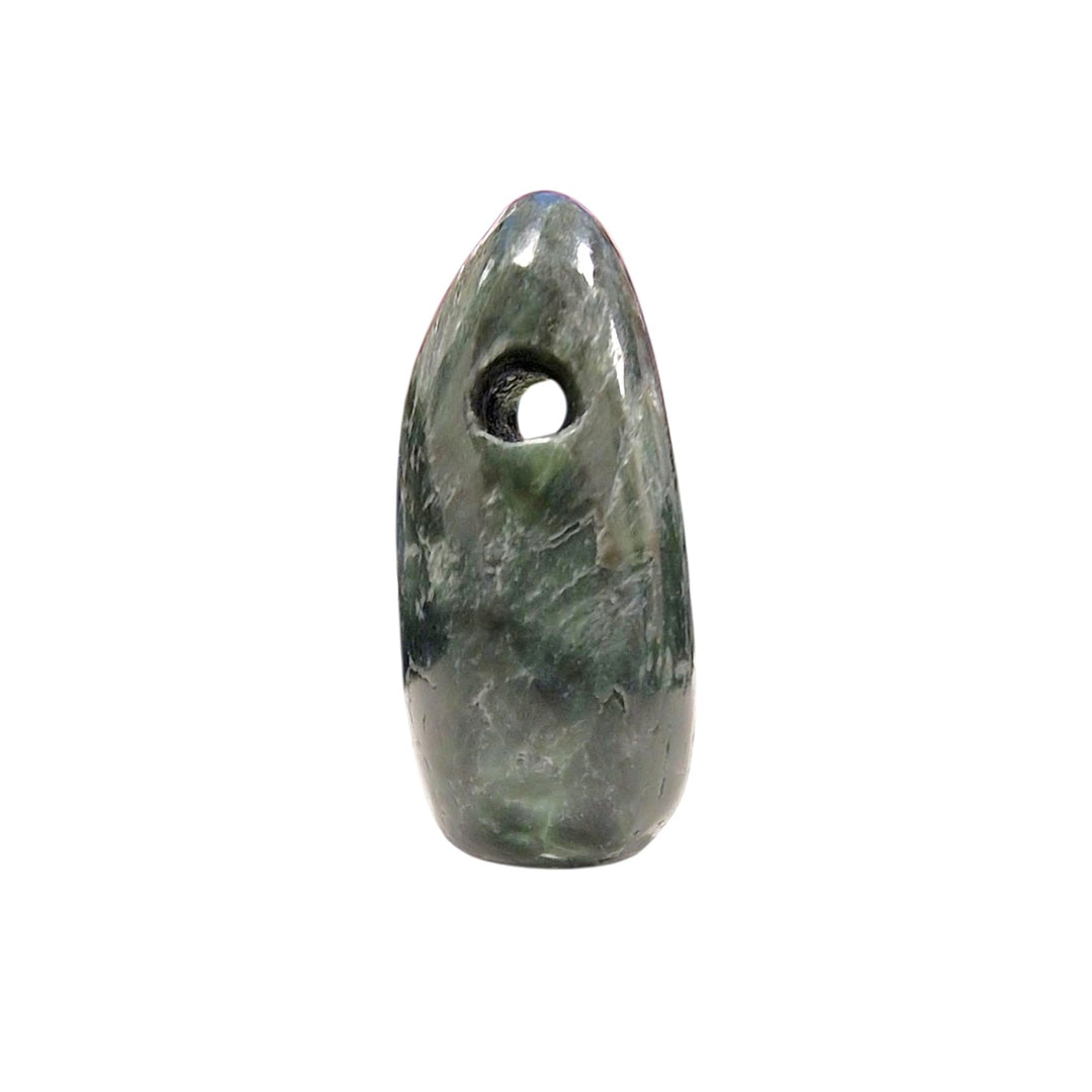 Side view of Seraphinite tumble stone featuring swirling silver inclusions in a dark green matrix with a glossy finish.