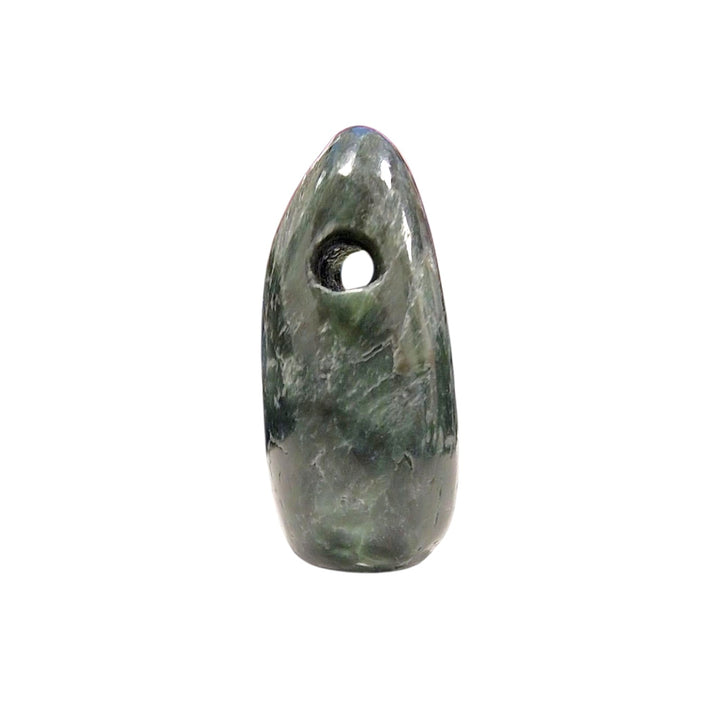 Side view of Seraphinite tumble stone featuring swirling silver inclusions in a dark green matrix with a glossy finish.