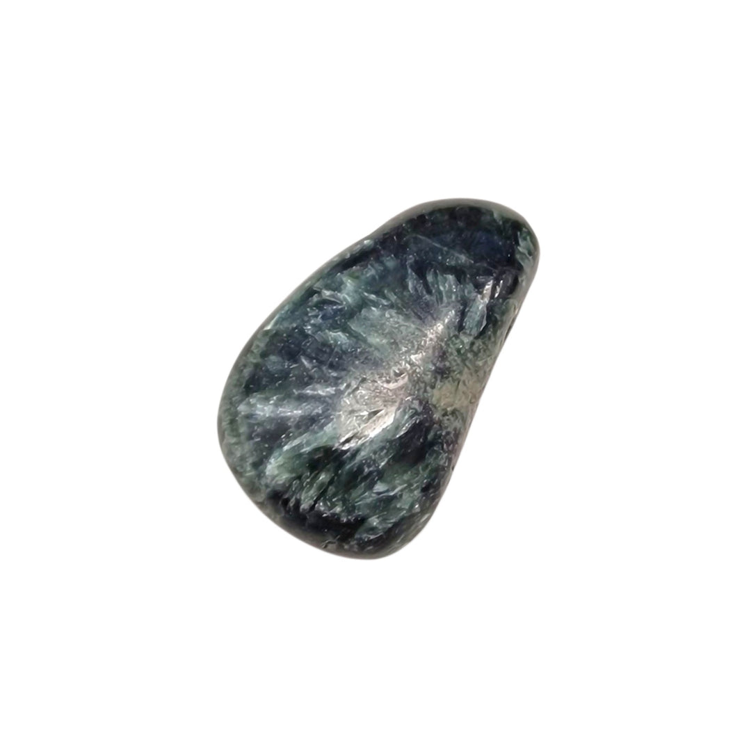 Polished Seraphinite drilled tumble stone showcasing rich green colouring with shimmering silvery feather-like patterns.