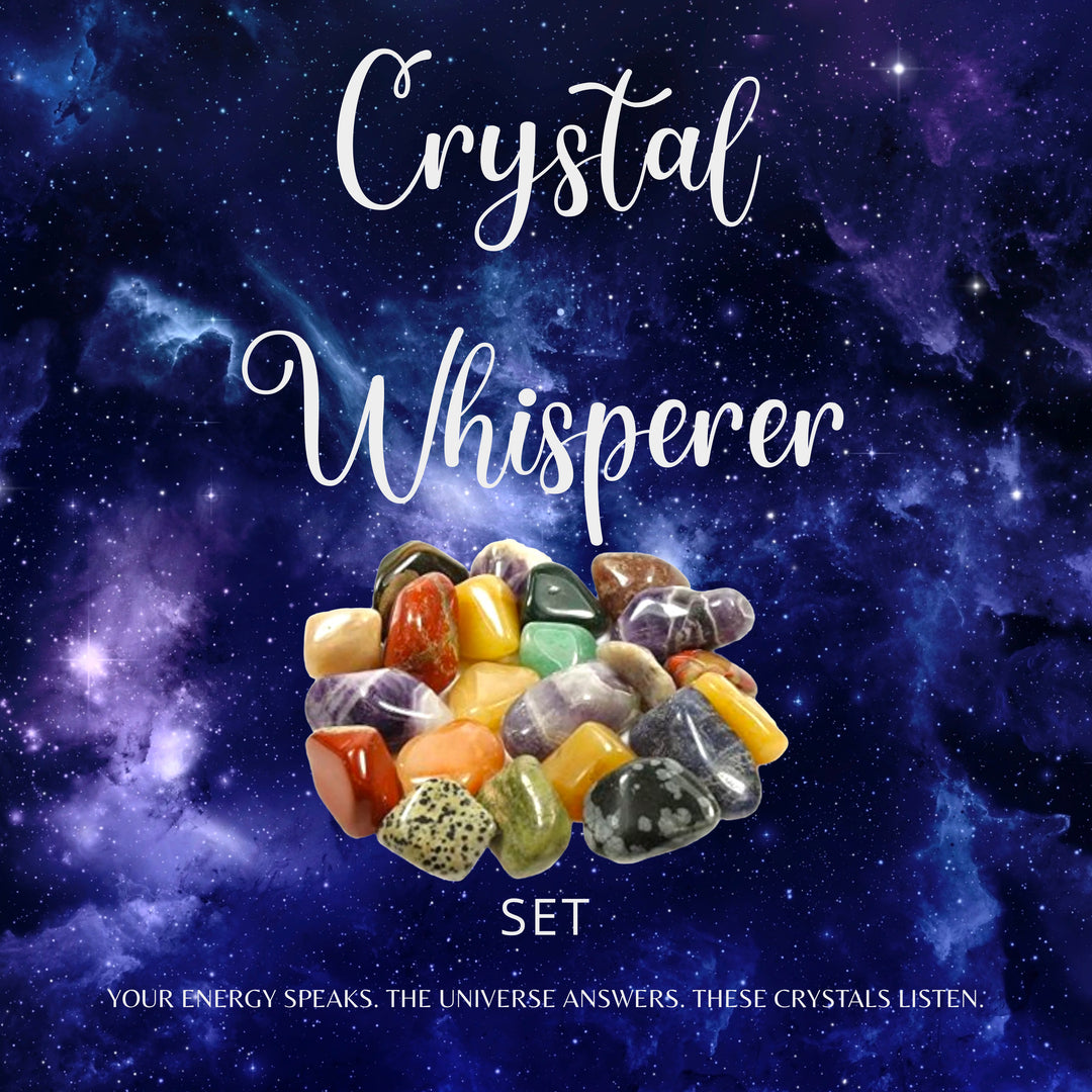 GeoFossils Crystal Whisperer Set including tumble stones, cleansing spray, metaphysical guide, and gift pouch