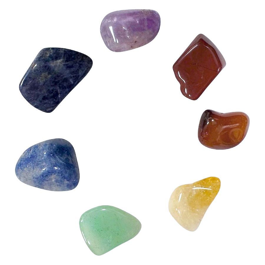 Chakra Healing Balancing Crystal Tumble Set with seven polished gemstones in red, orange, yellow, green, blue, indigo, and violet, supporting all chakras, zodiac signs, and elements.