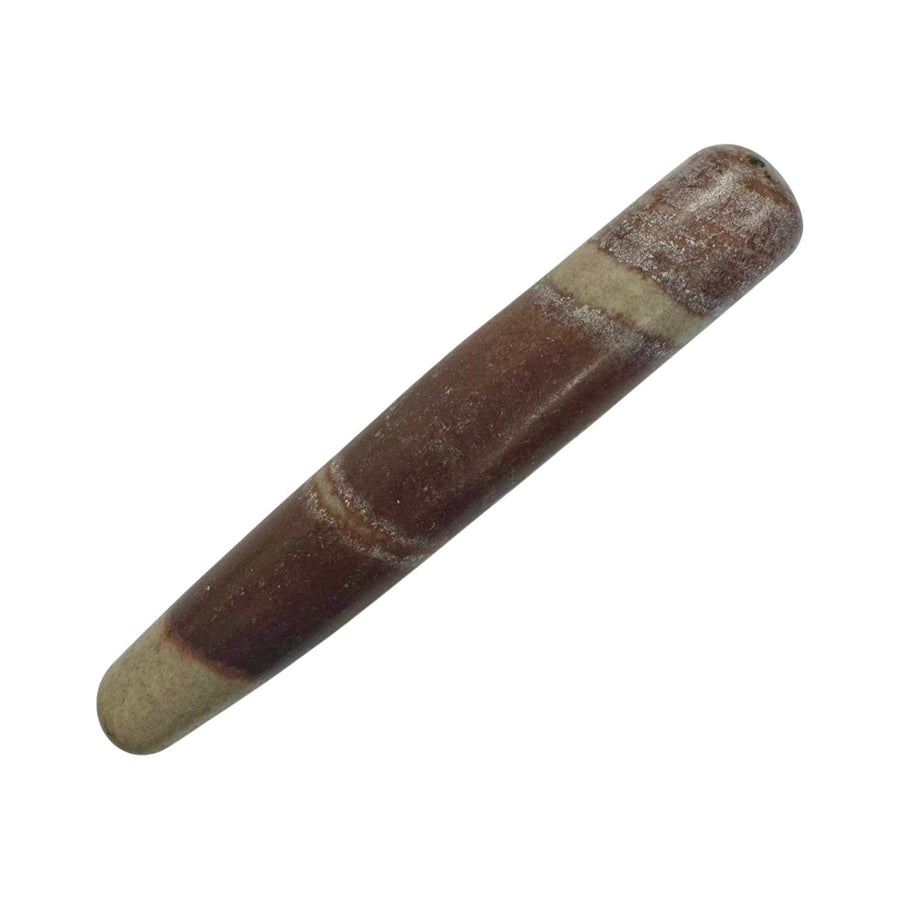 Polished Shiva Lingham crystal massage wand with a naturally elongated oval form, featuring smooth brown and beige banding, symbolising sacred masculine and feminine energy, used for chakra alignment and spiritual massage practices