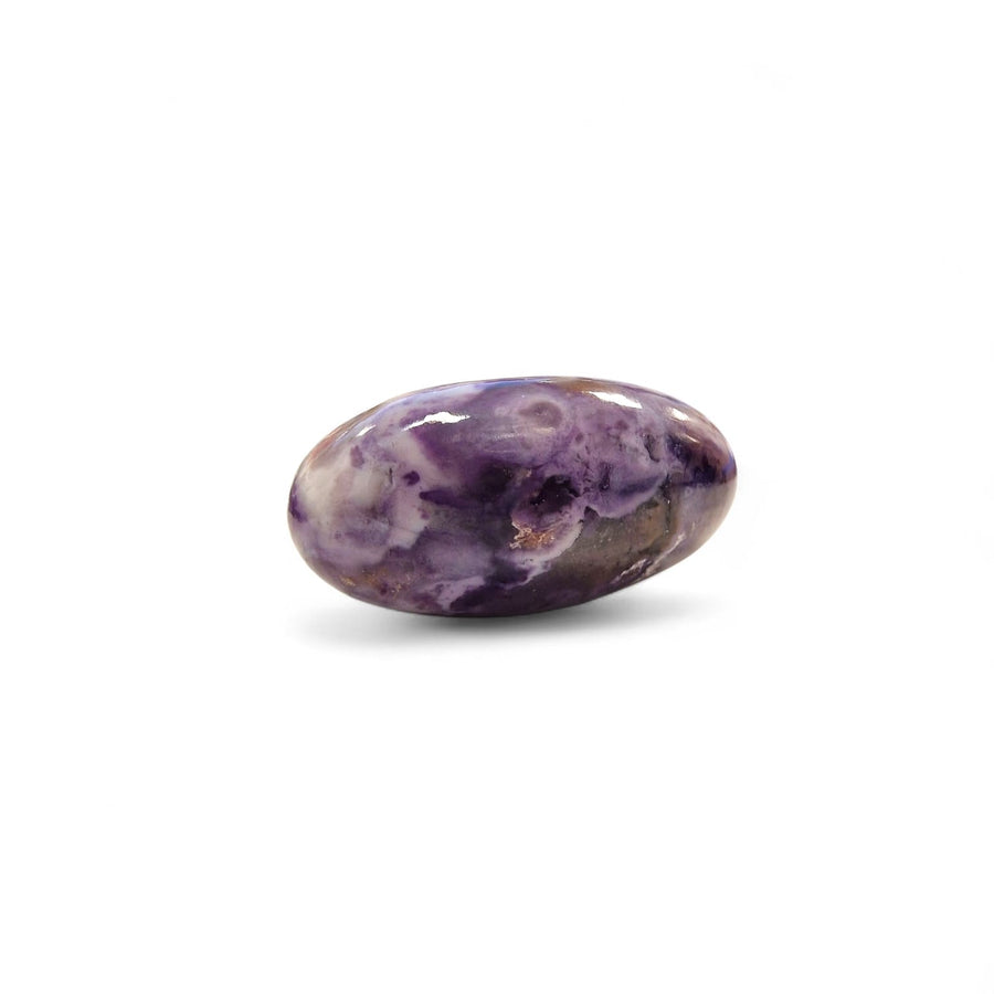 GeoFossils Tiffany Stone Shiva Lingham – Purple and cream opalised fluorite with black lines in sacred carved form