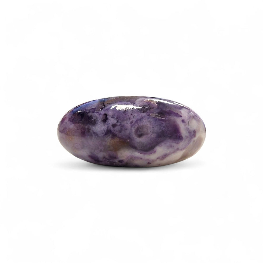 GeoFossils Sacred Tiffany Stone Shiva Lingham – Carved 3D lingham in purple fluorite with cream marbling and black veining