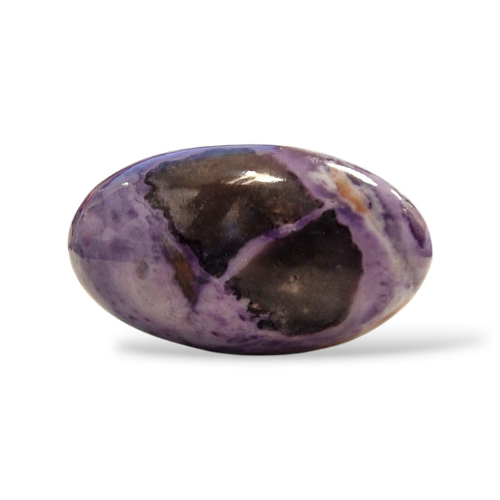 GeoFossils 28mm Tiffany Stone Shiva Lingham – Purple with cream and black line detailing in sacred carved form