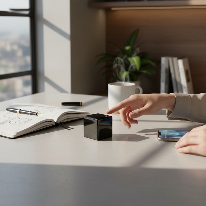 20mm Shungite cube on modern desk with notebook and coffee – protective crystal cube for energy balance and workspace harmony.