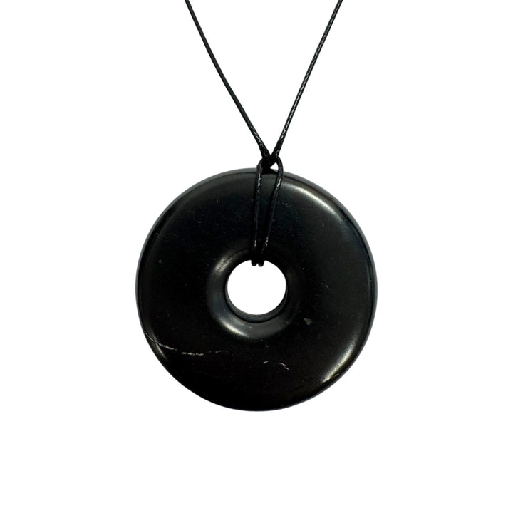 Shungite donut pendant 45mm on black vegan cord, polished Karelia shungite for grounding and EMF protection
